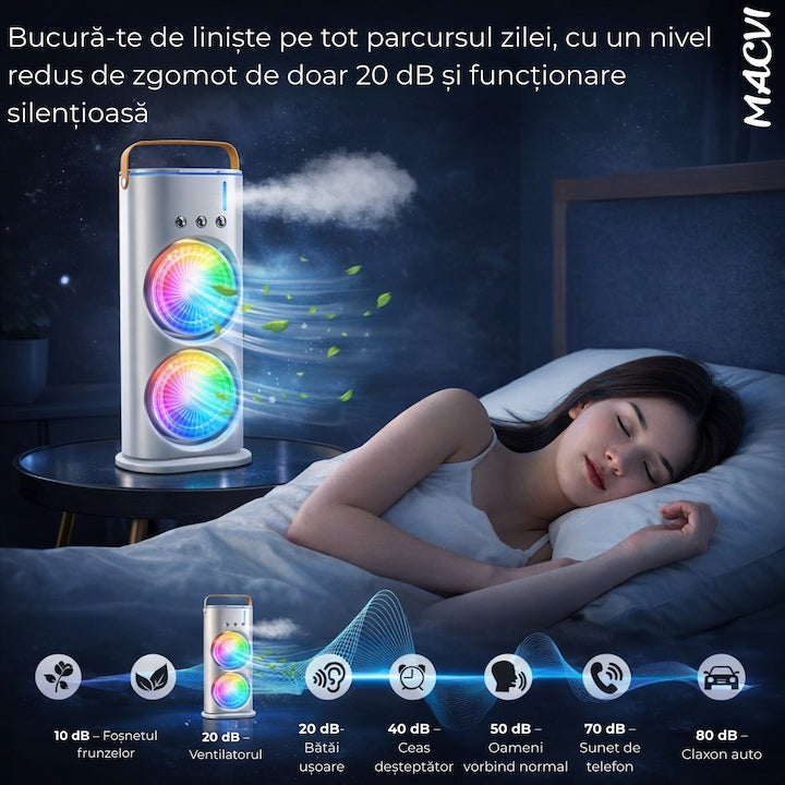Ventilator Portabil Macvi® cu Pulverizare si Dublu Cap, Sistem de Racire cu Apa, 3 Trepte Viteza, Reglabil 360°, Alimentare USB, Ideal pentru Vara, Birou sau Exterior