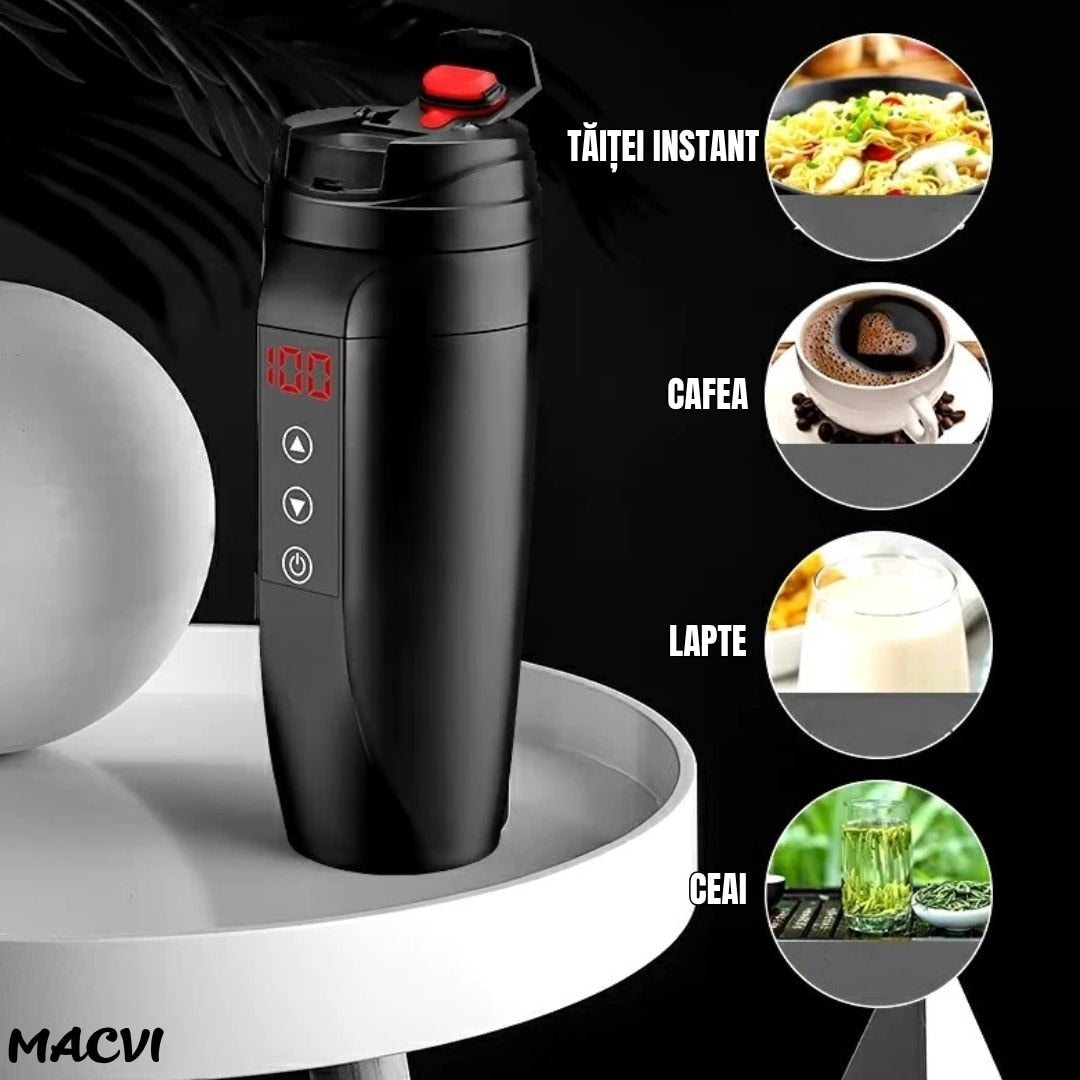 Cana inteligenta tip termos Macvi®, afisaj temperatura, inox premium, etansa, incarcare auto 12V/24V, 0.45L, negru