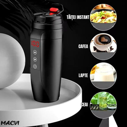 Cana inteligenta tip termos Macvi®, afisaj temperatura, inox premium, etansa, incarcare auto 12V/24V, 0.45L, negru