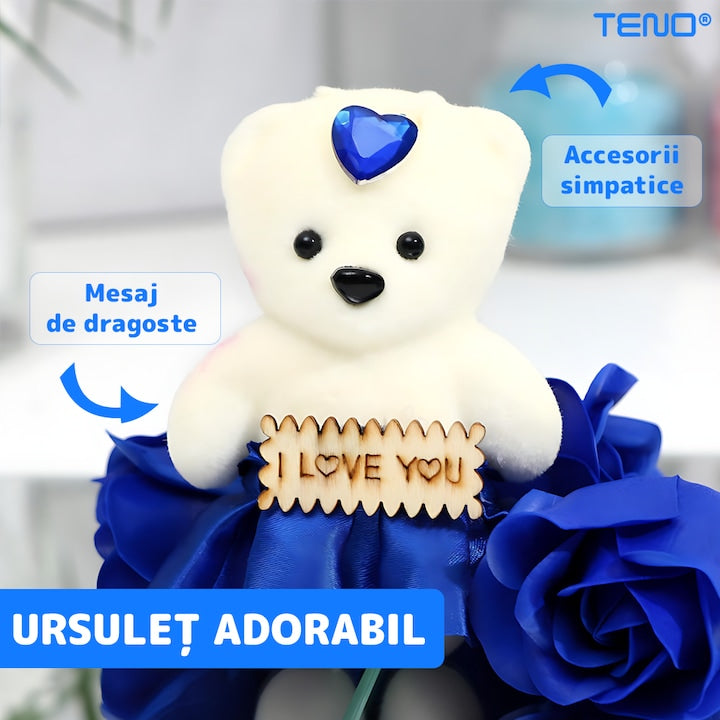 Ursulet cu Trandafiri din Sapun Teno®, cutie in forma patrata cu buline, mesaj pe tablita din lemn ”I LOVE YOU”, 6 trandafiri, fustita si cristal, albastru regal