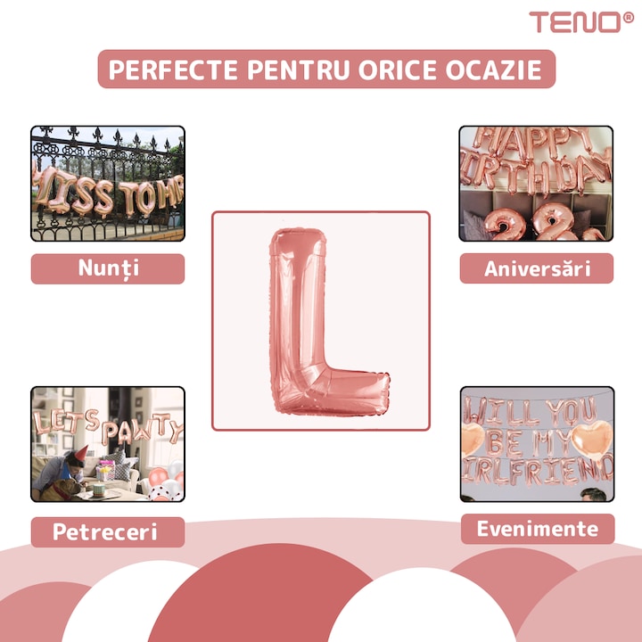 Balon in Forma de Litera L Teno®, metalizat, pentru Petreceri/Aniversari/Evenimente, rezistent, folie, rose gold, 40 cm