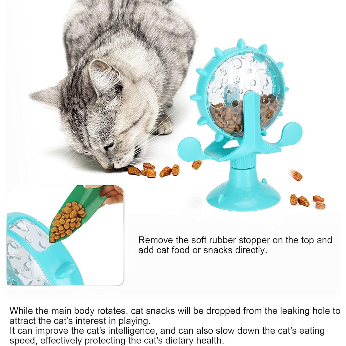 Jucarie interactiva Macvi® cu recompense pentru pisici si caini mici morisca cu rotatie 360° ventuza puternica jucarie puzzle slow feeder pentru stimulare mentala