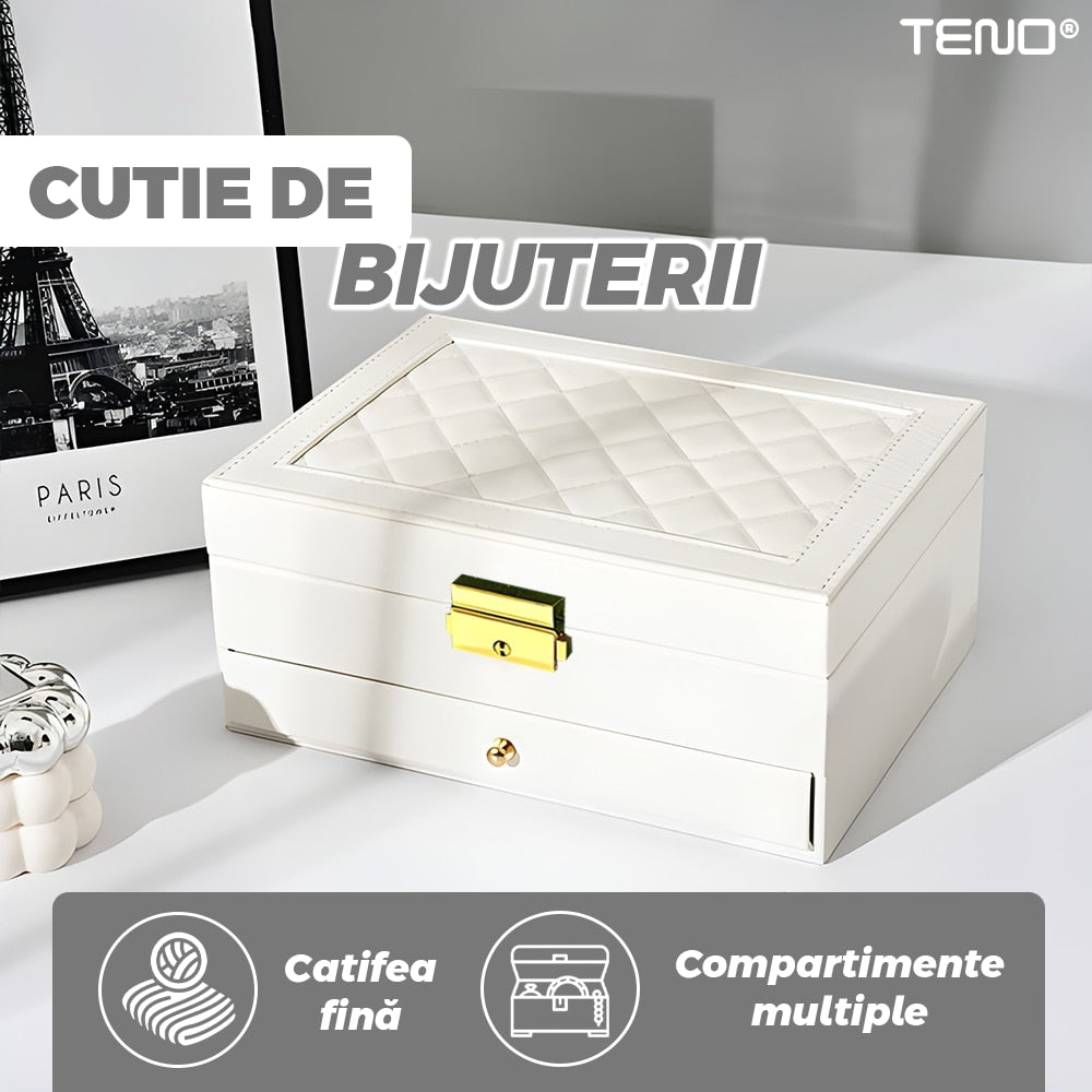 Cutie bijuterii Teno, 2 compartimente, compartiment secret, alb, 23x10x17cm