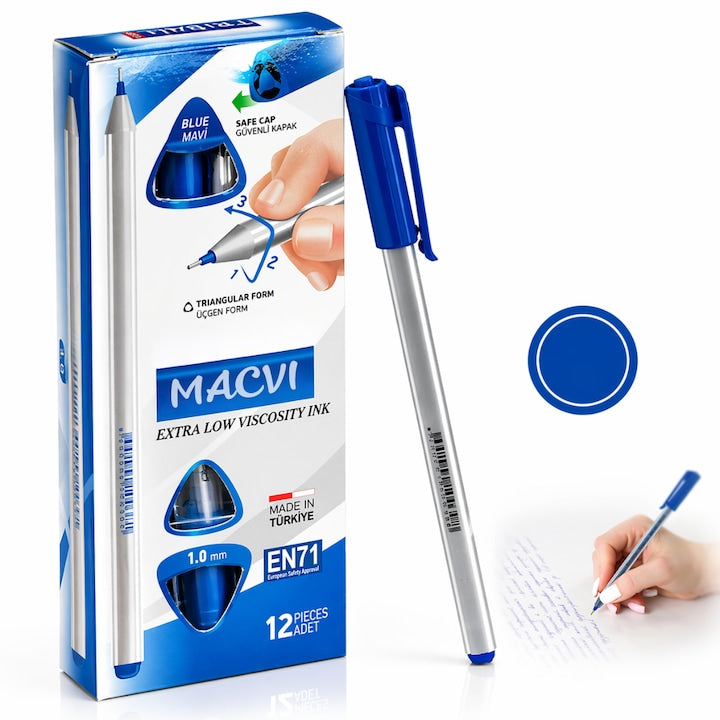 Set 12 pixuri MACVI cu capac triunghiular, albastru, 1.0 mm, design ergonomic, prindere confortabila