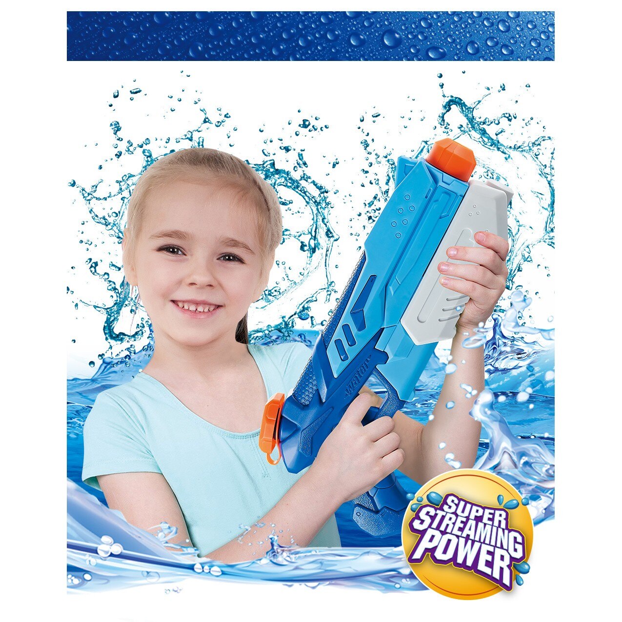 Set 4 Pistoale cu Apa pentru Copii Macvi®, 2 x 300 ml + 2 x 550 ml, plastic rezistent, usor de umplut, albastru/alb, varsta 6 ani+