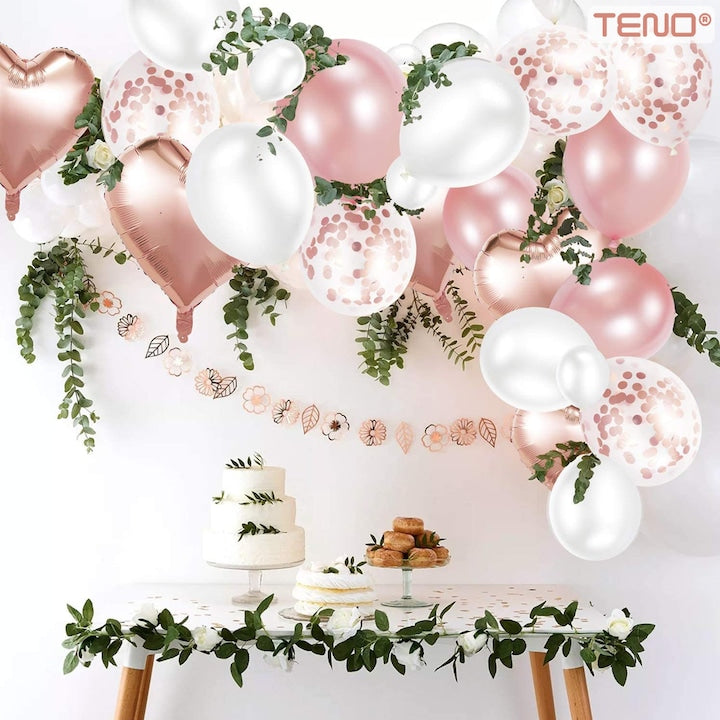 Set 48 Baloane Teno®, Confeti, Inimioara, pentru Petreceri/Aniversari/Evenimente, o singura dimensiune, 2 culori, latex, rose gold