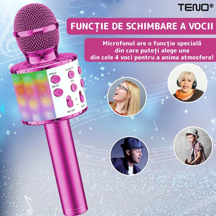 Microfon Karaoke Multifunctional pentru Copii, Teno®, boxa integrada, mod schimbare voce, stereo, slot card memorie/aux, lumini, roz