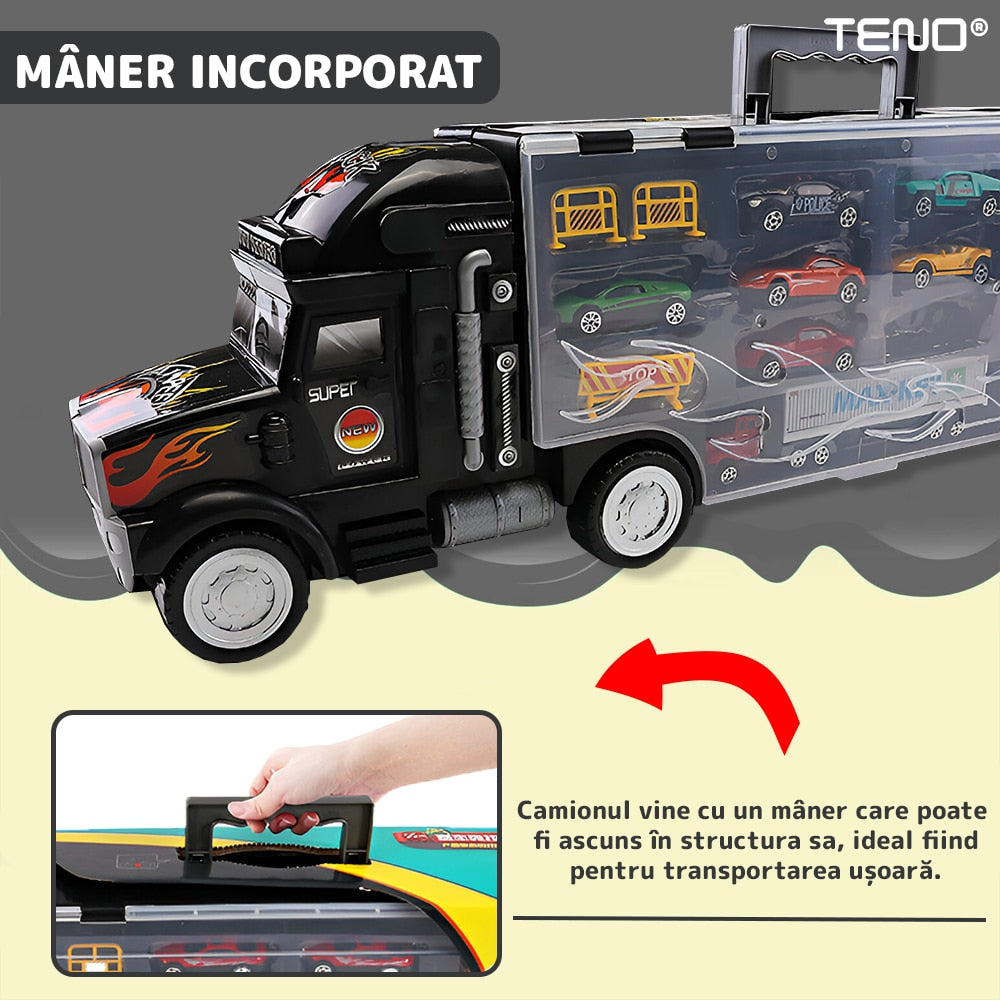 Set Camion Trailer de Jucarie pentru Transport Teno®, pentru masinute de curse, 9 masinute incluse, semne de circulatie, accesorii mobile, plastic si metal, scara 1:22, negru