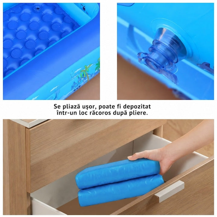 Piscina gonflabila familiala Macvi® 180 x 125 x 54 cm, 3 inele, PVC rezistent, capacitate 370 L, pentru 2 adulti si 3 copii, design tropical, albastru/alb