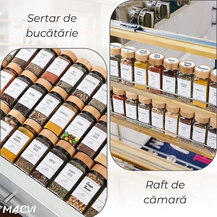 Set 24 recipiente Macvi® organizatoare pentru condimente, sticla, capac bambus, cu palnie, perie, site, etichete si marker incluse