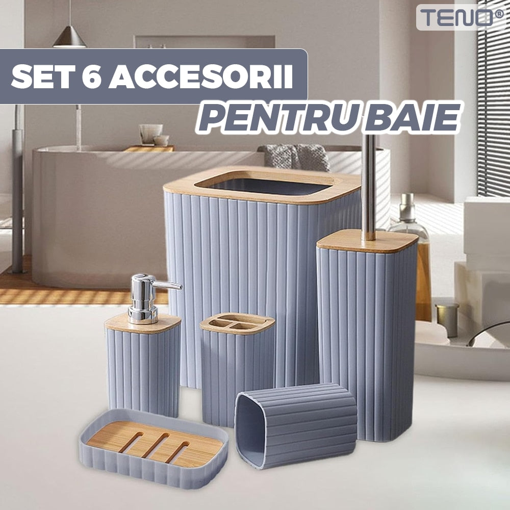 Set 6 Accesorii de Baie Teno, minimalist, detalii din bambus, gri