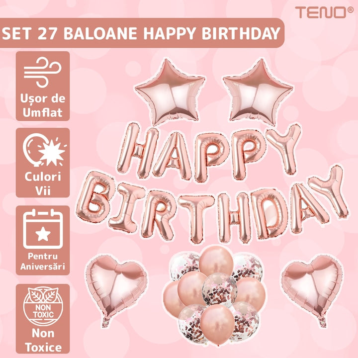 Set 27 Baloane Teno®, Litere, pentru Petreceri/Aniversari/Evenimente, confetti, stelute, inimioare, model HAPPY BIRTHDAY, rose gold