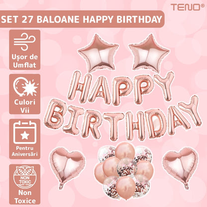 Set 27 Baloane Teno®, Litere, pentru Petreceri/Aniversari/Evenimente, confetti, stelute, inimioare, model HAPPY BIRTHDAY, rose gold
