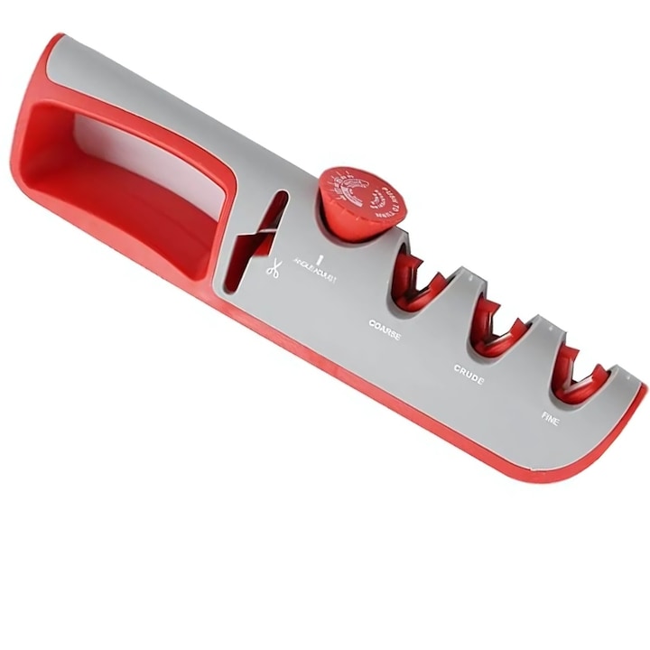 Ascutitor Cutite Profesional Macvi® 4 in 1 Reglabil, Ascutire, Finisare, Slefuire, Foarfeci, Unghi Ajustabil, Rosu Gri