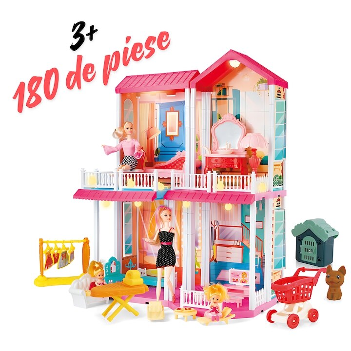 Casuta pentru papusi Macvi® 180 piese, multicolora, usor de asamblat, stimuleaza creativitatea si coordonarea, recomandata copii 3+
