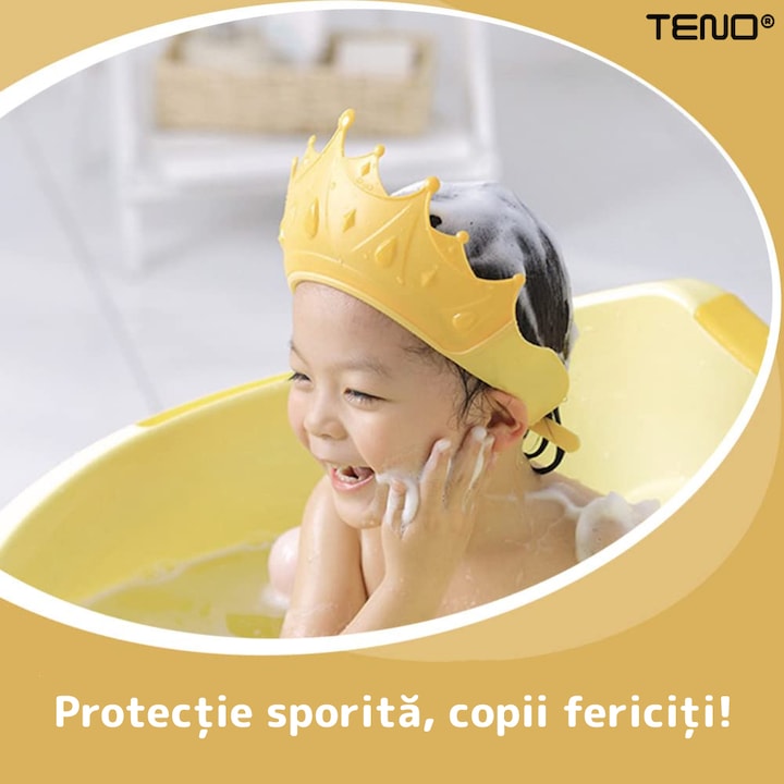 Palarie de Baie pentru Copii Teno®, protectie impotriva samponului pentru ochi si urechi, reglabila, forma coroana rege/regina, galben