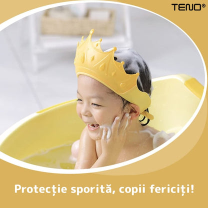 Palarie de Baie pentru Copii Teno®, protectie impotriva samponului pentru ochi si urechi, reglabila, forma coroana rege/regina, galben