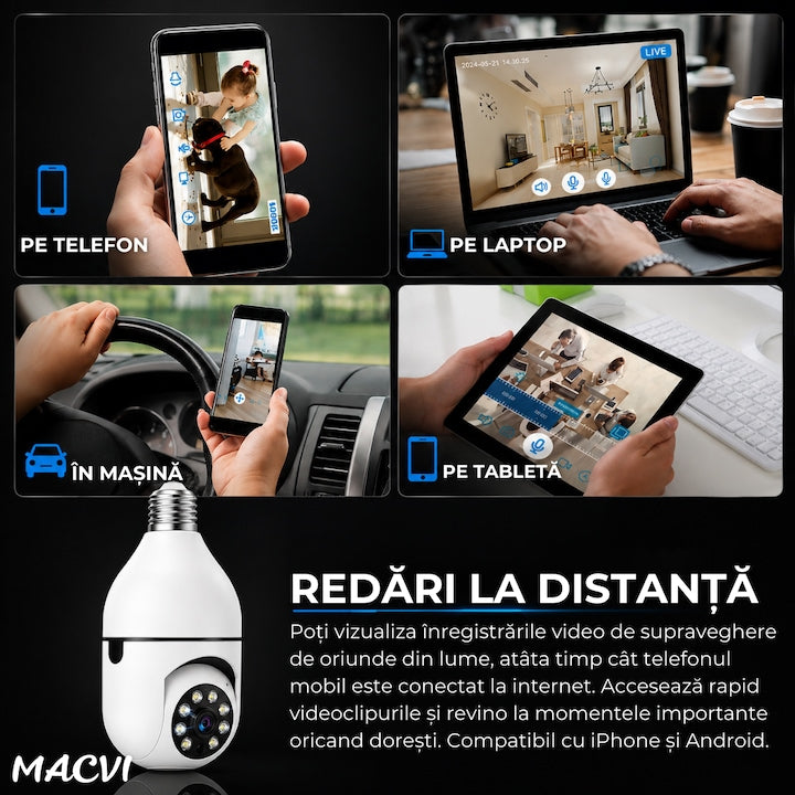 Camera de Supraveghere WiFi Macvi® Tip Bec E27, PTZ 360°, Full HD 1080P, 2MP, Vedere Nocturna Color, Detectare Miscare si Sunet, Audio Bidirectional, iCSee, Slot Card MicroSD 128GB, Alb