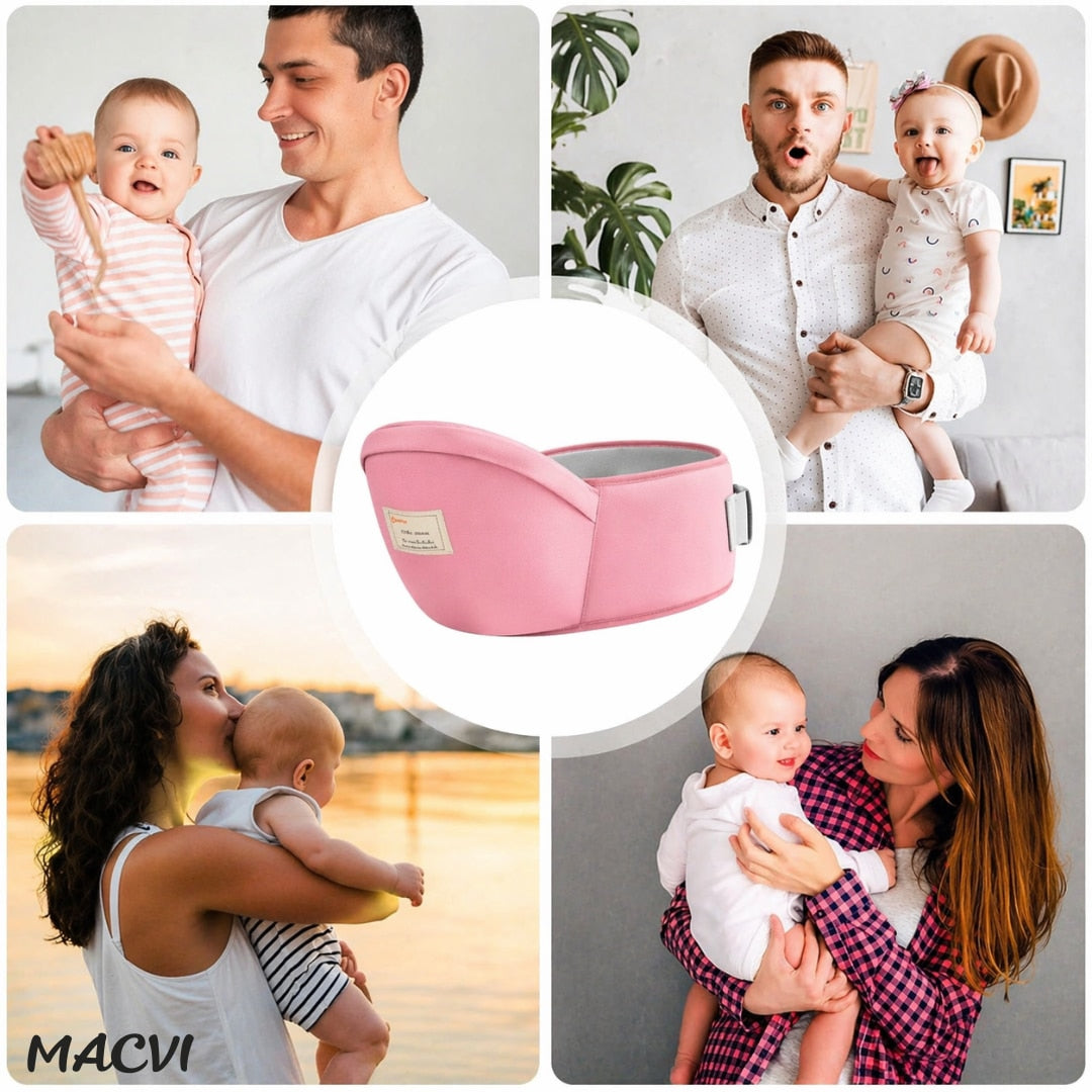 Suport port bebe Macvi® tip marsupiu, cu centura pentru talie, material bumbac premium, burete ergonomic, confortabil, 43 x 22 cm, roz