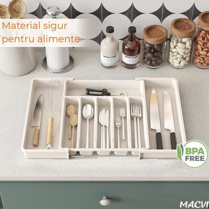 Organizator extensibil Macvi® 8 compartimente, pentru sertar, Sistem modular pentru tacamuri si ustensile de bucatarie, Alb