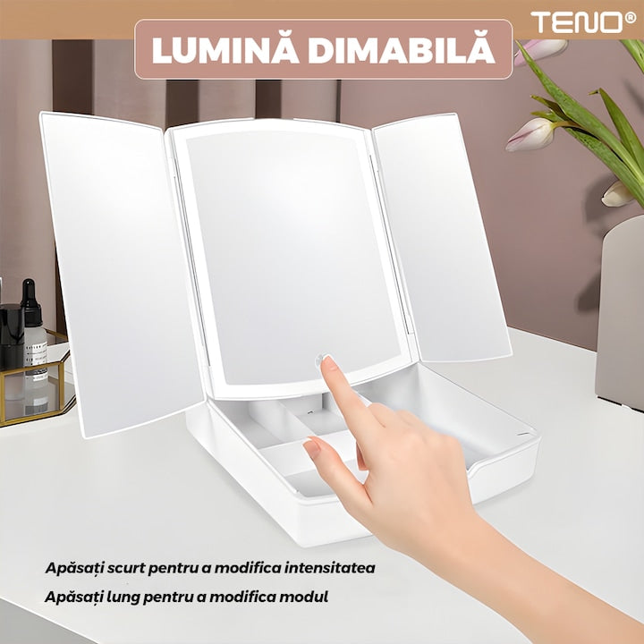 Oglinda Cosmetica Teno®, iluminare LED, pliabila, suport pentru machiaje, reincarcabila, usor de transportat, portabila, materiale calitative, alb