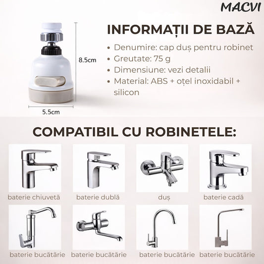 Cap de Robinet Universal Macvi®,  pentru Chiuveta, 3 Moduri de Jet, Rotire 360°, Alb/Bej, Usor de Montat