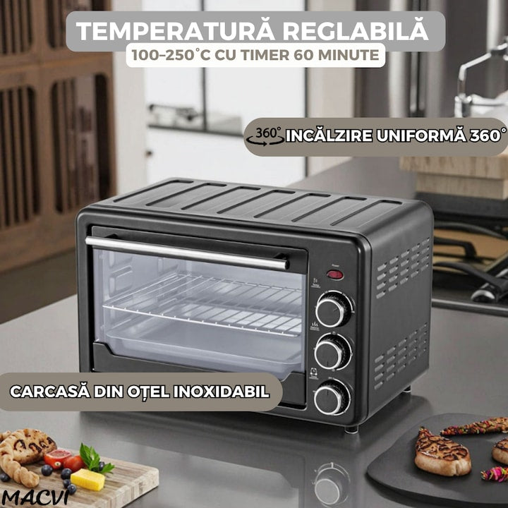 Cuptor Electric Multifunctional 25L, 1500W, Inox, Temperatura Reglabila 90-250°C, Timer 60 min, Functii Coacere, Prajire, Mentinere Cald, Accesorii Incluse