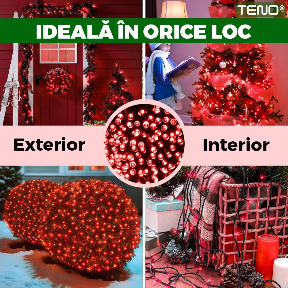 Instalatie de Craciun Liniara Teno®, 100 m, 8 jocuri de lumini, alimentare la priza, interior/exterior, rezistenta la apa, 480 LED-uri, rosu