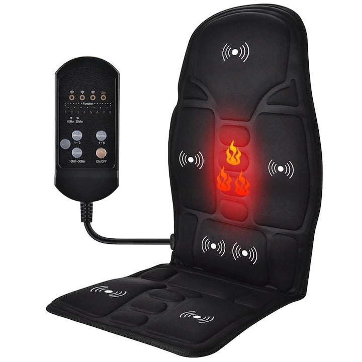 Saltea Masaj pentru Scaun Auto Teno®, 8 moduri, intensitate reglabila, functie de temporizare, pentru casa/masina, telecomanda incorporata, negru