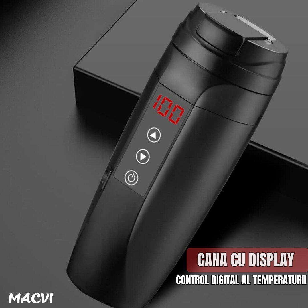 Cana inteligenta tip termos Macvi®, afisaj temperatura, inox premium, etansa, incarcare auto 12V/24V, 0.45L, negru