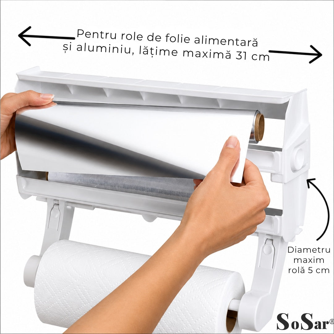 Dispenser Triplu de Bucatarie Sosar® pentru Hartie Folie Alimentara si Folie Aluminiu Suport Perete cu Taiere Usoara Organizator Bucatarie