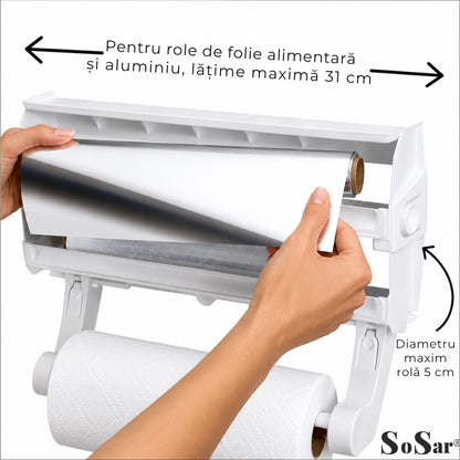 Dispenser Triplu de Bucatarie Sosar® pentru Hartie Folie Alimentara si Folie Aluminiu Suport Perete cu Taiere Usoara Organizator Bucatarie