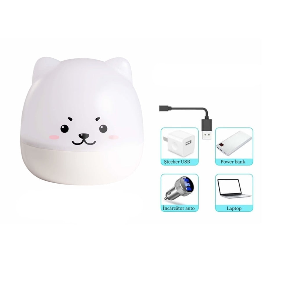 Lampa de veghe muzicala cu proiector Macvi®, design ursulet, Bluetooth, LED multicolor, rotativa, 6 moduri iluminare, acumulator USB 1200 mAh