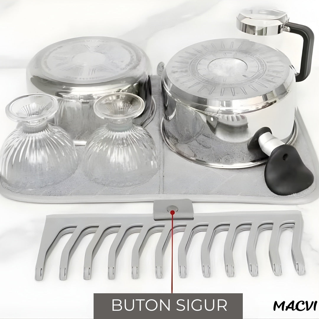 Suport vase Macvi® uscator vase pliabil 58x45.5, covoras absorbant material textil si suport siliconic organizator chiuveta bucatarie design compact respirabil banda elastica stabilitate mare, modern