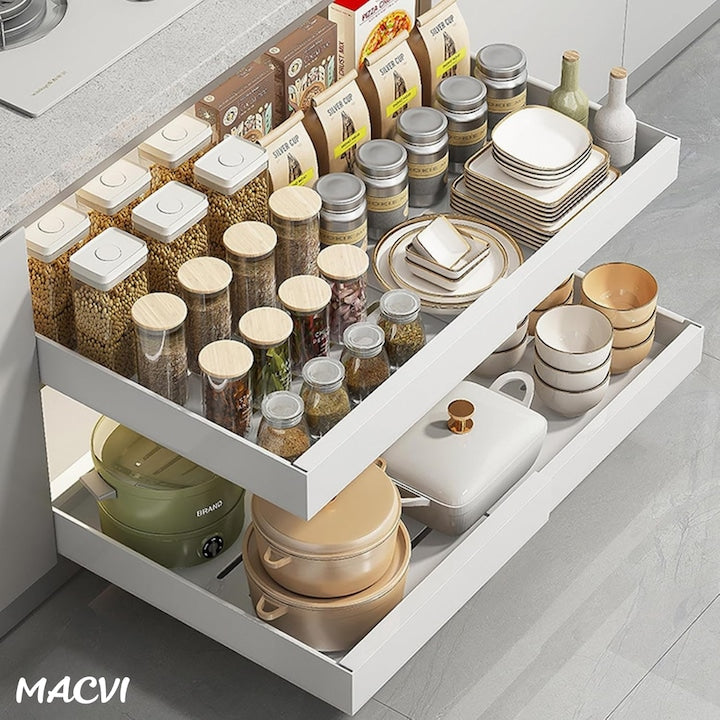 Organizator extensibil Macvi® pentru dulapuri, metal, sertar glisant, montare adeziva, capacitate mare, alb