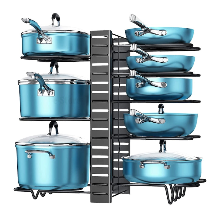 Suport reglabil 9 tigai si oale Macvi® din metal, 8 separatoare, protectie cauciuc, utilizare verticala/orizontala, negru