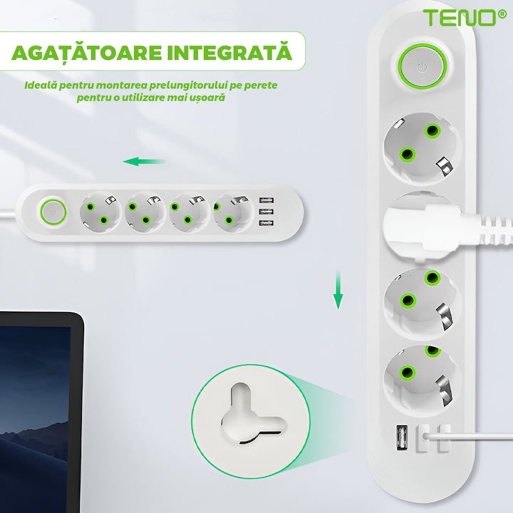 Prelungitor Teno®, 5 prize, 3 porturi USB, intrerupator, suport de agatare incorporat, rezistent la temperaturi inalte, universal, lungime 3 metri, alb
