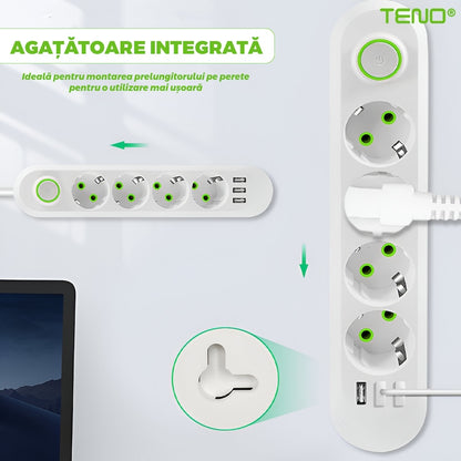 Prelungitor Teno®, 5 prize, 3 porturi USB, intrerupator, suport de agatare incorporat, rezistent la temperaturi inalte, universal, lungime 3 metri, alb