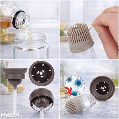 Sticla pentru ulei Macvi® cu pensula din silicon, scala precisa, rezistenta la caldura, usor de curatat, ideala pentru gatit, copt si grill, Multicolor