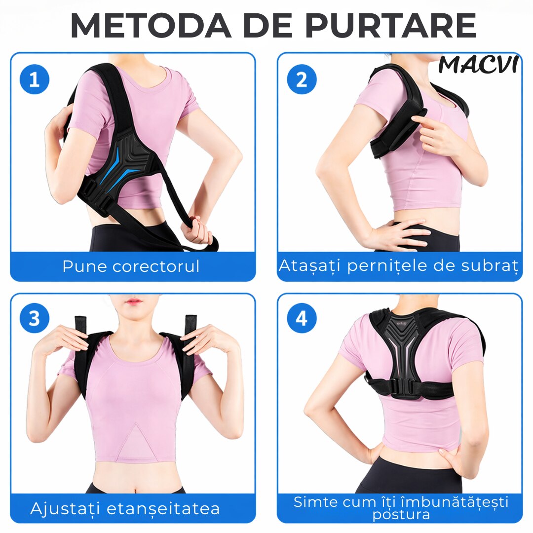 Centura corectoare postura Macvi®, pentru indreptare spate, coloana si umeri, Negru, Marime M, reglabila