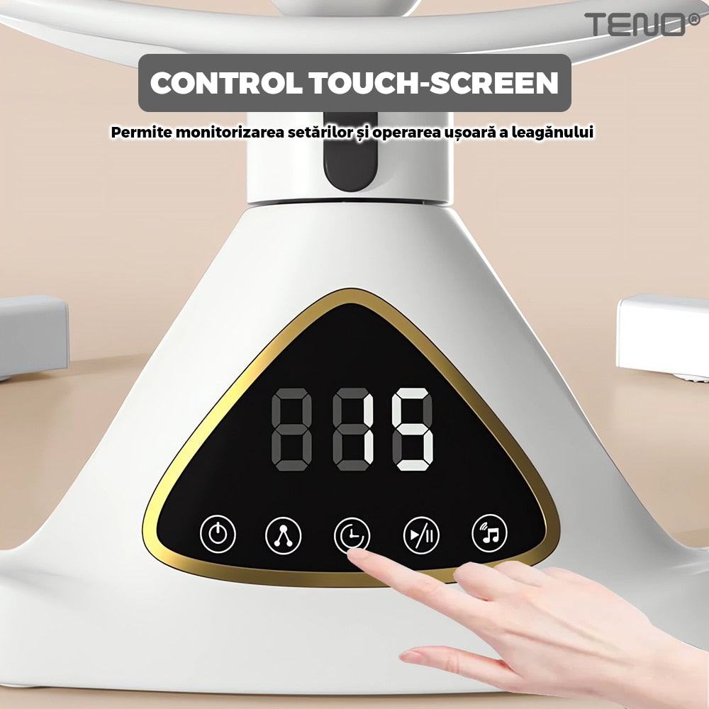 Leagan Electric Teno®, conectivitate Bluetooth, control tactil, tava detasabila, acoperis rabatabil, plasa protectie tantari pentru bebelusi, jucarii, muzica, gri inchis