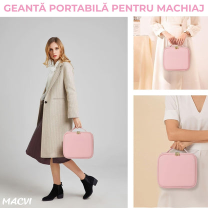 Organizator Machiaj cu Oglinda LED Macvi® 2000mAh, 3 Temperaturi Lumina, 76 LED, Compartimente Reglabile Rotire 360°, Incarcare USB, Geanta Cosmetice Impermeabila, Roz, 27x24x11 cm
