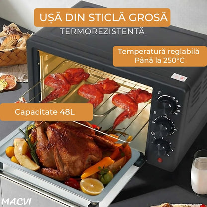Cuptor Electric de Bucatarie Macvi® 2600W, 48L, Temperatura Reglabila 250°C, 4 Moduri Incalzire, Tava de Copt, Gratar, Functie Rotisor
