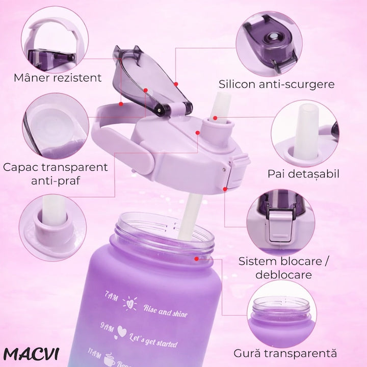 Bidon fitness Macvi® de apa 2L multicolor, plastic PC fara BPA, cu duza, maner si inscriptii motivante, etansa cu garnitura siliconica