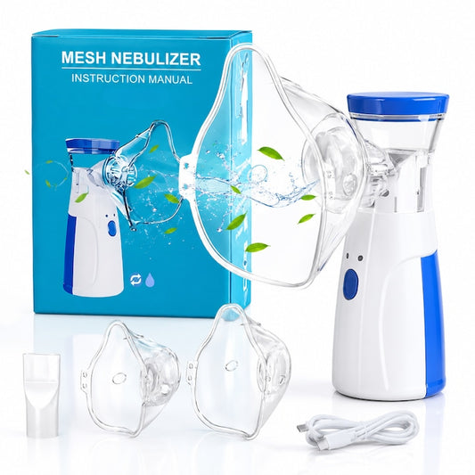 Aparat aerosoli, nebulizator Macvi® cu Tehnologie Mesh Ultrasonic, 3 Trepte, Debit 0, 15-0, 35 ml/min, Capacitate 8 ml, USB + Baterii AA, Zgomot ≤20dB, Masti Copii si Adulti, Alb/Albastru