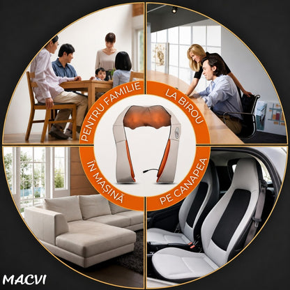Aparat Masaj Cervical si Umeri Macvi® cu Infrarosu, 8 Noduri Masaj, Incalzire, Rotatie Dubla, 24W, Pentru Gat, Spate si Talie, Bej