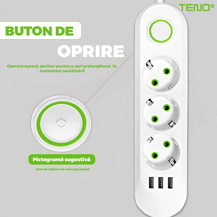 Prelungitor Teno®, 3 prize, 3 porturi USB, intrerupator, suport de agatare incorporat, rezistent la temperaturi inalte, universal, lungime 2 metri, alb