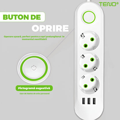 Prelungitor Teno®, 3 prize, 3 porturi USB, intrerupator, suport de agatare incorporat, rezistent la temperaturi inalte, universal, lungime 2 metri, alb
