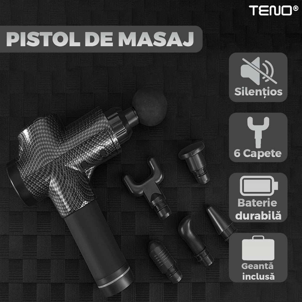 Aparat Profesional pentru Masaj tip Pistol Teno®, 30 viteze, motor silentios fara perii, 3200 percutii, sistem racire, 2500mAh, 6 capete, incarcare rapida, geanta pentru depozitare, negru