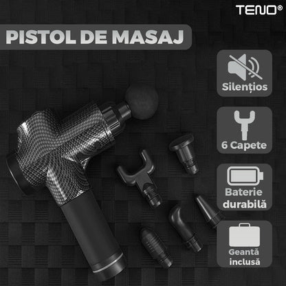 Aparat Profesional pentru Masaj tip Pistol Teno®, 30 viteze, motor silentios fara perii, 3200 percutii, sistem racire, 2500mAh, 6 capete, incarcare rapida, geanta pentru depozitare, negru